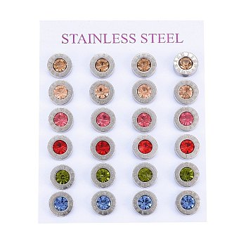 304 Stainless Steel Stud Earrings, with Rhinestone, Flat Round with Roman Numerals, Mixed Color, 9x3.5mm, Pin: 0.8mm, 12pairs/card