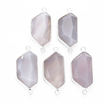 Natural White Agate Link Connectors, with Platinum Plated Brass Edge and Loop, Faceted, Polygon, 39~40x17~18x6~7mm, Hole: 2mm