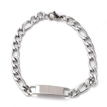 304 Stainless Steel ID Bracelets, Link Bracelets, with Figaro Chains, Rectangle, Stainless Steel Color, 7-7/8 inch(20cm)
