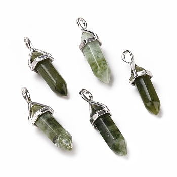 Natural Green Xinyi Jade, Chinese Southern Jade Pointed Pendants, Faceted, with Platinum Tone Brass Findings, Lead free & Cadmium Free, Bullet, 27~30x9~10x7~8mm, Hole: 4x3mm