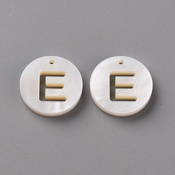 Natural Freshwater Shell Pendants, Flat Round with Letter, Letter.E, 12x1.5mm, Hole: 1mm