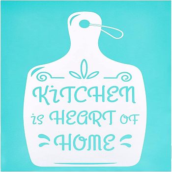 Self-Adhesive Silk Screen Printing Stencil, for Painting on Wood, DIY Decoration T-Shirt Fabric, Bottle with Word Kitchen is Heart of Home, Sky Blue, 28x22cm