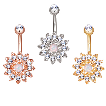 Brass Piercing Jewelry, Belly Rings, with Glass Rhinestone and Opal, Flower, Mixed Color, 31mm, bar: 15 Gauge(1.5mm), 3pcs/set, bar length: 3/8"(10mm)~9/16"(14mm)