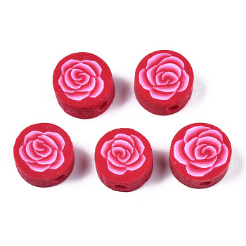 Handmade Polymer Clay Beads, for DIY Jewelry Crafts Supplies, Flat Round with Flower, Crimson, 9.5x3.5~5mm, Hole: 1.8mm