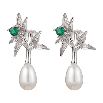 Natural Pearl Ear Studs, with Sterling Silver Micro Pave Cubic Zirconia Findings, Flower & Oval, Platinum, 25x13mm