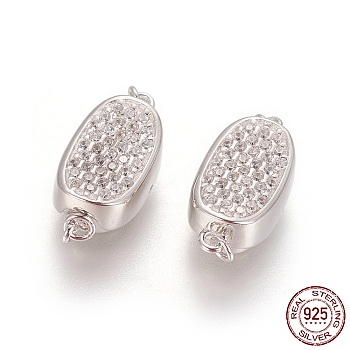 Rhodium Plated 925 Sterling Silver Box Clasps, with Cubic Zirconia, with 925 Stamp, Oval, Platinum, Clear, 18x8x7mm, Hole: 1mm