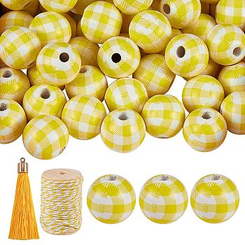 50Pcs Wooden Round Beads with Tartan Pattern, 10Pcs Polyester Tassel Big Pendant Decorations, 1 Roll Cotton String Threads, for DIY Jewelry Finding Kits, Yellow, 16mm, Hole: 4mm, 50pcs/bag
