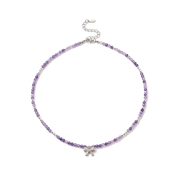 Clear Cubic Zirconia Bowknot Pendant Necklace with Natural Amethyst Beaded Chains for Women, 16.02 inch(40.7cm), Pendant: 9x13x5mm