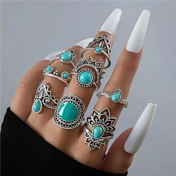 8Pcs 8 Style Synthetic Turquoise Finger Rings Sets, Crown & Flower Alloy Stackable Rings, Antique Silver, Inner Diameter: 16~18mm, 1Pc/style