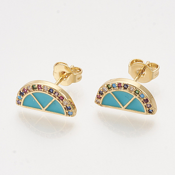Brass Cubic Zirconia Stud Earrings, with Enamel and Ear Nuts, Half Round/Semicircle, Golden, Dark Turquoise, 6x12mm, Pin: 0.7mm