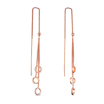 SHEGRACE Brass Stud Earring, Ear Threads, with Curb Chains and Round Beads, Ring, Rose Gold, 111mm