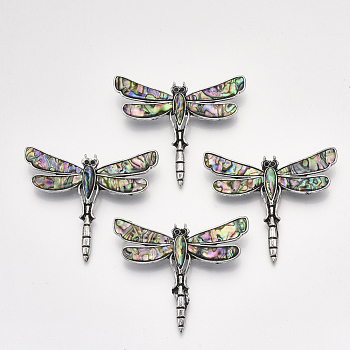 Abalone Shell/Paua Shell Brooches/Pendants, with Alloy Findings and Resin Bottom, Rhinestone, Dragonfly, Antique Silver, Colorful, 53x62x10mm, Hole: 5x4mm, Pin: 0.7mm