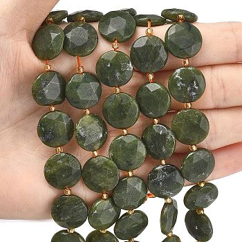 Natural TaiWan Jade Beads Strands, Faceted Hexagonal Cut Coin Beads, Flat Round, with Seed Beads, 15.5x5.5~6mm, Hole: 0.8~1mm, about 23pcs/strand, 15.75~15.83''(40~40.2cm)