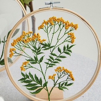 DIY Transparent Fabric Embroidery Kits, with Polyurethane Elastic Fibre and Plastic Frame & Iron Needle & Colored Thread, Flower Pattern, 21x20x0.9cm, Inner Diameter: 18cm