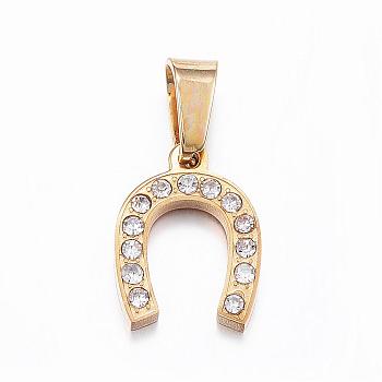 304 Stainless Steel Rhinestone Charms, Hroseshoes, Golden, 14x11x2mm, Hole: 5x2.5mm