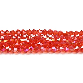 Transparent Electroplate Glass Beads Strands, AB Color Plated, Faceted, Bicone, Red, 3.5mm, about 108~123pcs/strand, 12.76~14.61 inch(32.4~37.1cm)
