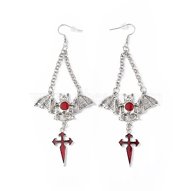 FireBrick Enamel Bat with Cross Pendant Necklace & Dangle Earrings(SJEW-G081-03AS)-5