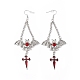 FireBrick Enamel Bat with Cross Pendant Necklace & Dangle Earrings(SJEW-G081-03AS)-5