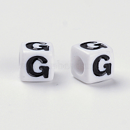 Acrylic Horizontal Hole Letter Beads, Cube, White, Letter G, Size: about 7mm wide, 7mm long, 7mm high, hole: 3.5mm, about 172pcs/43g(X-PL37C9129-G)