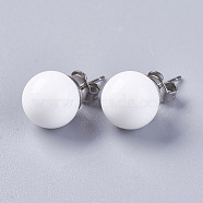 Shell Pearl Ball Stud Earrings, with 304 Stainless Steel Findings, White, 20x10mm, Pin: about 0.6mm(EJEW-I209-05-10mm)