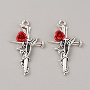 Tibetan Style Alloy Pendants, Cross with Rose Charm, Antique Silver, 38x23x5.5mm, Hole: 2mm(FIND-WH0110-432AS)