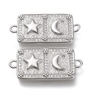 Brass Micro Pave Cubic Zirconia Links Connectors, Rectangle with Star & Moon, Clear, Real Platinum Plated, 31.5x15x3mm, Hole: 2mm(ZIRC-F116-19-P)