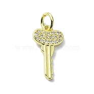 Brass Micro Pave Claer Cubic Zirconia Charms, with Jump Ring, Real 18K Gold Plated, Key, 15.5x8x1.5mm, Hole: 3mm(KK-H475-50G-04)