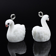 Flocky Resin Pendants, with Platinum Plated Iron Loops, Swan, White, 25x21x15mm, Hole: 2.5mm(X-RESI-N032-13)