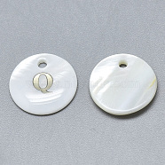 Natural White Shell Mother of Pearl Shell Charms, with Iron Sticker, Flat Round with Letter, Letter.Q, 13x2mm, Hole: 1.5mm(X-SSHEL-N036-053Q)