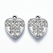 UV Plated Alloy Pendants, with Crystal Rhinestone, Heart, Cadmium Free & Lead Free, Platinum, 17x14x3mm, Hole: 1.6mm(PALLOY-S181-022-RS)