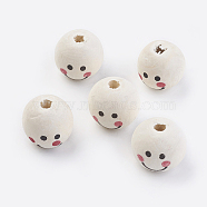 Natural Wood Printed European Beads, Large Hole Beads, Round, Floral White, 18x16mm, Hole: 4mm, about 100pcs/bag(WOOD-PH0009-38)
