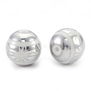 Electroplate Glass Beads, Round with Flower Pattern, Platinum Plated, 10x9.5~10mm, Hole: 1.2mm, 200pcs/bag(EGLA-T009-10G)