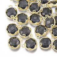Glass Charms, with Brass Findings, Faceted, Flat Round with Heart, Golden, Black, 14x11.5x4.5mm, Hole: 1.5mm(GLAA-S179-10A)