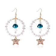 Glass Beaded Big Circle Dangle Earrings, Lampwork Mushroom & Brass Star Drop Earrings for Women, Green, 78mm, Pin: 0.7mm(EJEW-SW00015-03)