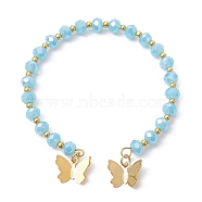 Glass Round Beaded Cuff Bangles, with Golden Brass Butterfly Charms, Light Sky Blue, Inner Diameter: 2-1/8 inch(5.5cm)(BJEW-JB09964-06)