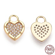 925 Sterling Silver Micro Pave Cubic Zirconia Charms, with S925 Stamp, Heart Charms, Nickel Free, Real 18K Gold Plated, 11x8x1.2mm, Hole: 2.5x2.5mm(STER-T004-66G)
