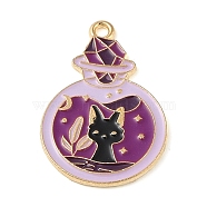 Halloween Alloy Eanaml Pendants, Golden, Magic Cat Charm, Bottle, 30x20x1.5mm, Hole: 2mm(PALLOY-S184-01G-E)