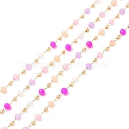 Faceted Rondelle Glass & Round 304 Stainless Steel Beaded Chains, with Light Gold 316 Surgical Stainless Steel Findings, Soldered, Magenta, 3x2.5mm, 4x2.5x0.5mm(CHS-G026-01KCG-01)