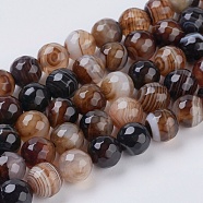 Natural Striped Agate/Banded Agate Beads Strands, Faceted, Dyed, Round, Saddle Brown, 8mm, Hole: 1mm, about 46pcs/strand, 14.5 inch(G-G581-8mm-11)