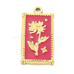 Real 18K Gold Plated PVD Vacuum Plating 304 Stainless Steel Pendants, with Enamel, Rectangle with Flower Charms, Cerise, 26x14x2mm, Hole: 1.5x2mm(STAS-L278-012G-01)