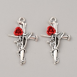 Tibetan Style Alloy Pendants, Cross with Rose Charm, Antique Silver, 38x23x5.5mm, Hole: 2mm(FIND-WH0110-432AS)