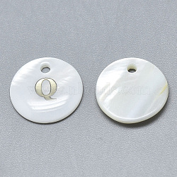 Natural White Shell Mother of Pearl Shell Charms, with Iron Sticker, Flat Round with Letter, Letter.Q, 13x2mm, Hole: 1.5mm(X-SSHEL-N036-053Q)