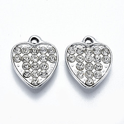 UV Plated Alloy Pendants, with Crystal Rhinestone, Heart, Cadmium Free & Lead Free, Platinum, 17x14x3mm, Hole: 1.6mm(PALLOY-S181-022-RS)