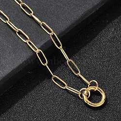 304 Stainless Steel Ring Pendant Paperclip Chain Necklaces for Women, Ion Plating(IP), Real 18K Gold Plated, 16.69 inch(42.4cm)(NJEW-Z091-02G)