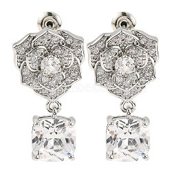 Rack Plating Brass Micro Pave Cubic Zirconia Dangle Stud Earrings, Flower, Clear, 26.5x14.5mm(EJEW-I304-12P-02)