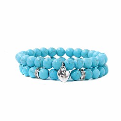 2Pcs 2 Style Synthetic Turquoise Stretch Bracelets Set, Stackable Bracelets with Heart Charms, Round(LS3825-4)