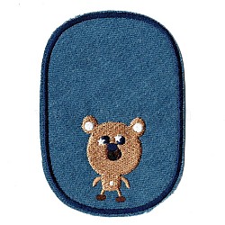 Computerized Embroidery Cloth Iron on/Sew on Patches, Costume Accessories, Oval with Bear, Steel Blue, 11.7x8.2cm(DIY-F034-A06)