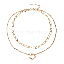 Vacuum Plating 304 Stainless Steel Double Chains Multi Layered Necklace with Ring Charm for Women, Golden, 16.34 inch(41.5cm)(STAS-E155-17G)