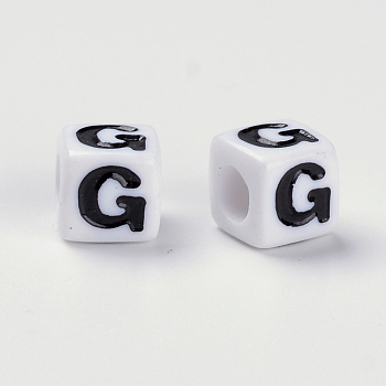 Acrylic Horizontal Hole Letter Beads, Cube, White, Letter G, Size: about 7mm wide, 7mm long, 7mm high, hole: 3.5mm, about 172pcs/43g