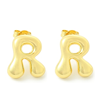 Rack Plating Brass Earrings, Cadmium Free & Lead Free, Long-Lasting Plated, Stud Earrings, Alphabet, Real 18K Gold Plated, Letter R, 14x12mm